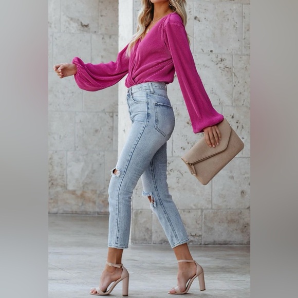 Cupshe Magenta Long Sleeve Peasant Blouse Women’s XS S V Neck Surplice Wrap Top - Picture 4 of 8